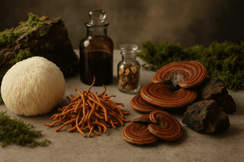 Fresh and dried medicinal mushrooms like lion’s mane, reishi, and cordyceps arranged with moss and jars, representing natural alternatives to what vegetables give you energy.