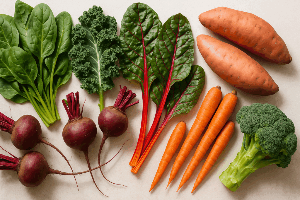 Top-down view of fresh spinach, kale, Swiss chard, beets, sweet potatoes, carrots, and broccoli arranged on a counter, illustrating what vegetables give you energy naturally.