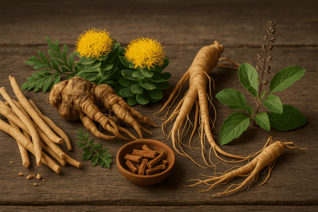 Roots and herbs like ashwagandha and ginseng on wood surface showing what vegetables give you energy naturally.