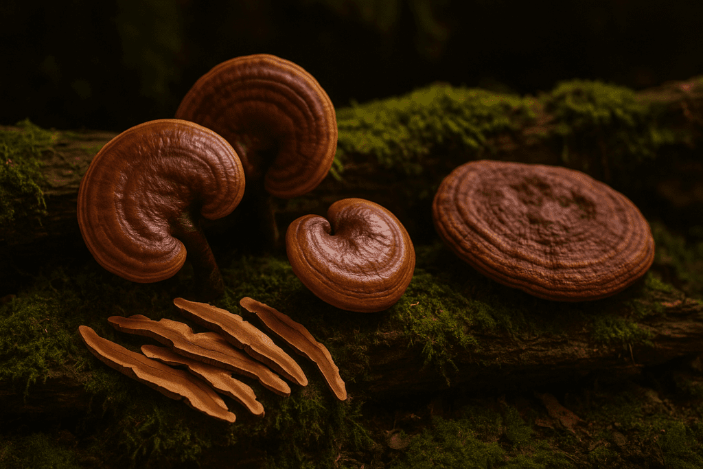 Fresh and dried reishi mushrooms on mossy forest wood, representing ancient wellness and the best food for tiredness.