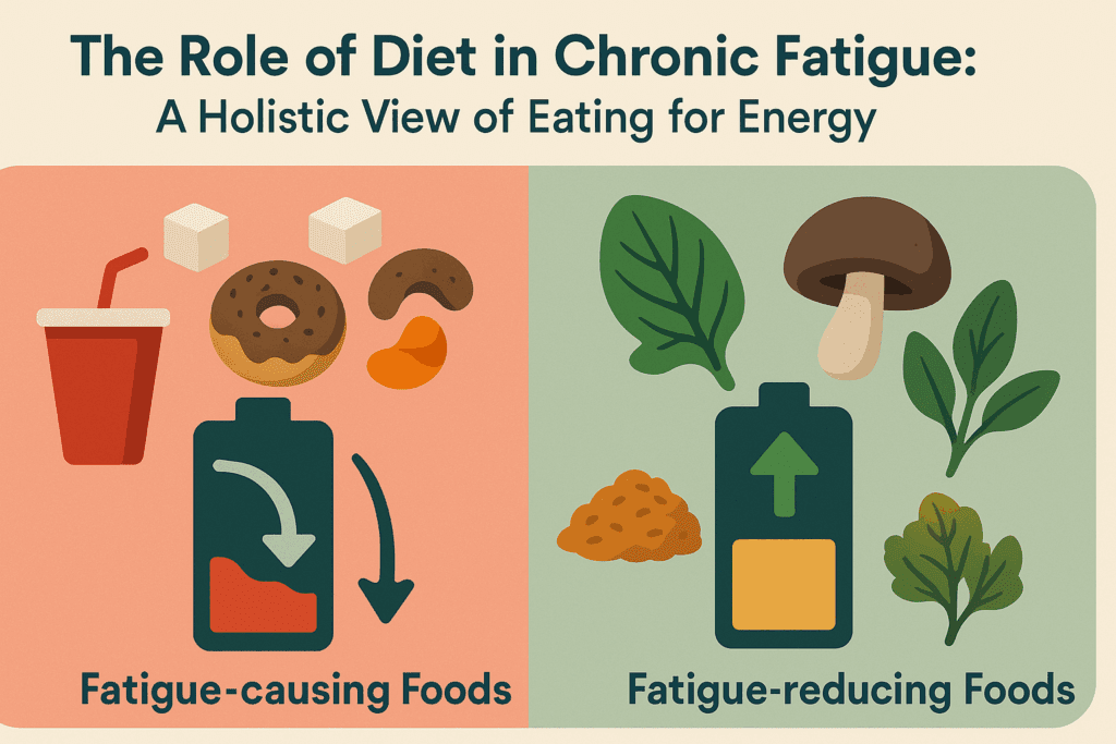 Infographic comparing fatigue-causing foods like sugar and soda with leafy greens and mushrooms as the best food for tiredness