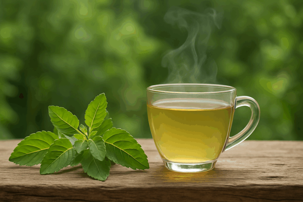 Fresh holy basil leaves next to a steaming cup of Tulsi tea on rustic wood, symbolizing the best food for tiredness and adrenal support