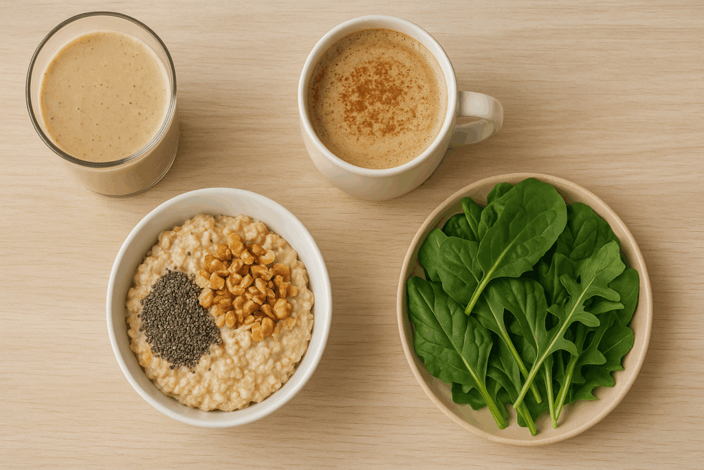 Nutritious breakfast spread featuring smoothie with maca, oats with chia and nuts, mushroom latte, and leafy greens—best food for tiredness.