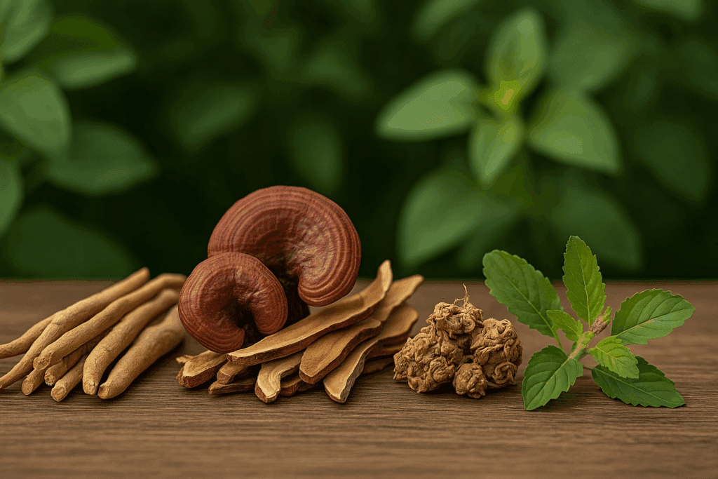 Assorted adaptogens including ashwagandha root, reishi mushrooms, Rhodiola, and Holy Basil leaves—natural ingredients often used as the best food for tiredness.