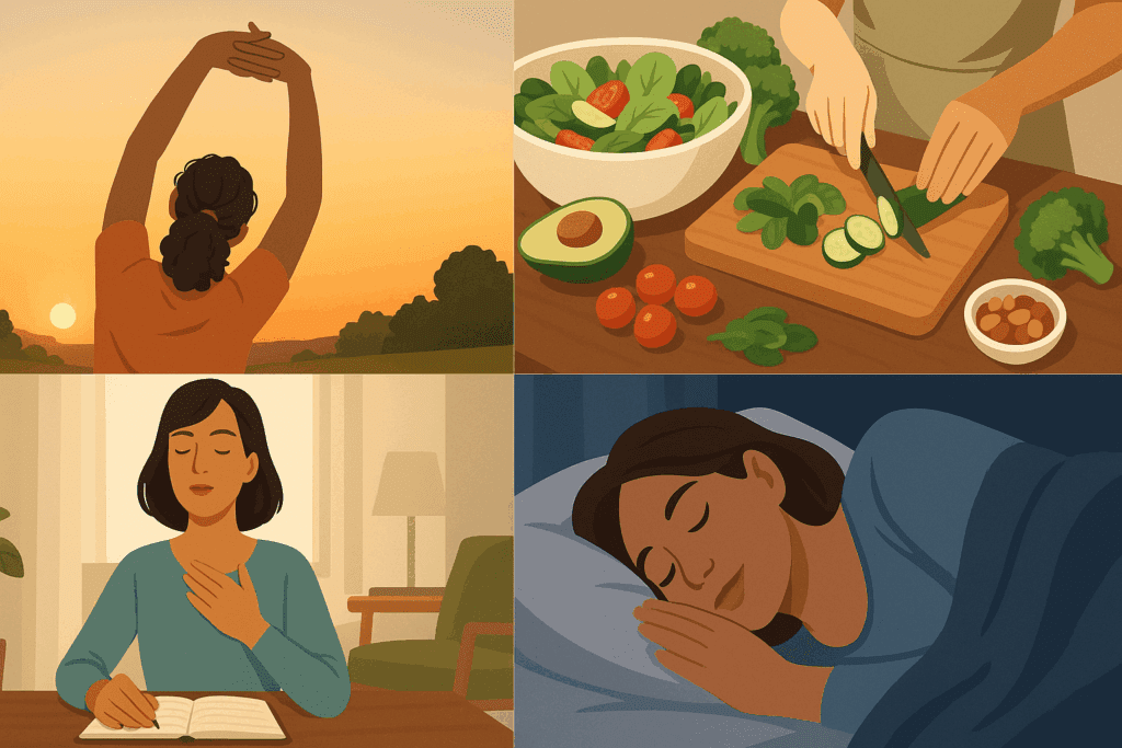 Daily wellness routine to support adrenal health, including stretching, healthy meals, breathwork, sleep, and supplements for adrenals