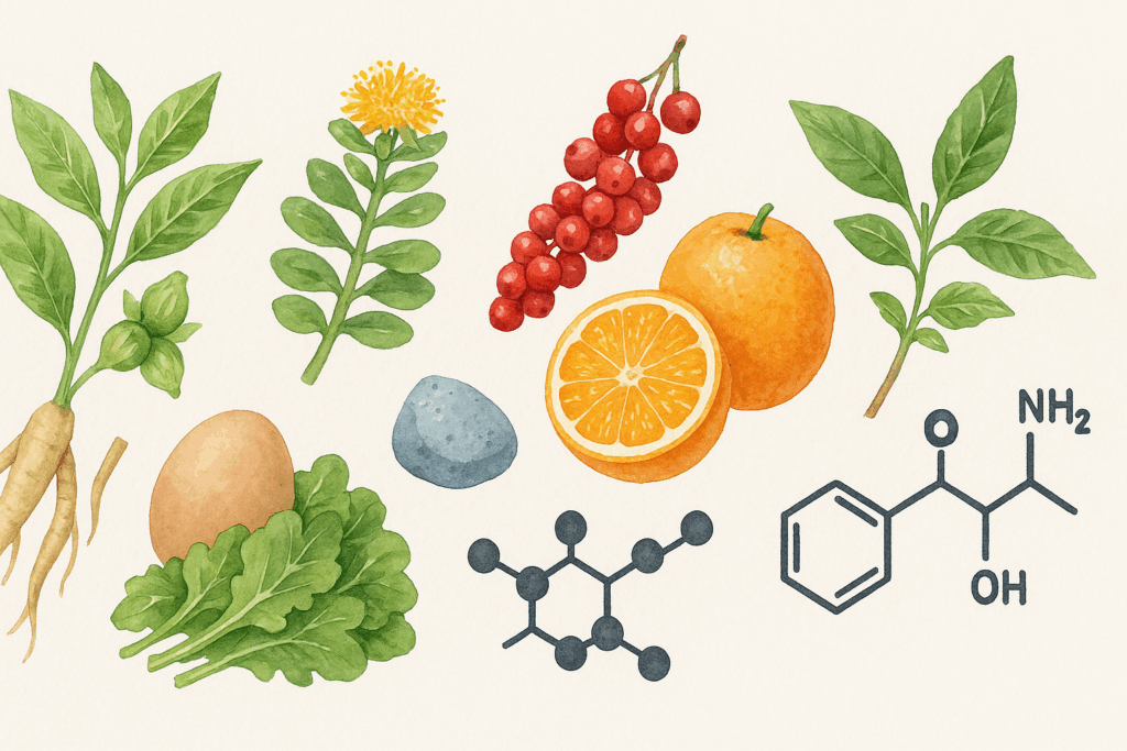 Watercolor illustration of key natural ingredients used in supplements for adrenals, including ashwagandha, Rhodiola, Schisandra berries, Eleuthero root, citrus fruits, leafy greens, eggs, zinc, and amino acid molecules.