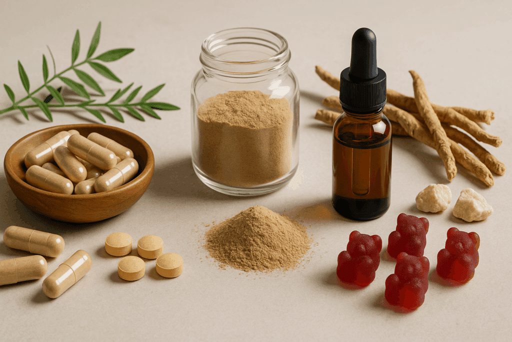 Variety of supplements for adrenals including capsules, gummies, powder, and tincture alongside raw adaptogenic herbs and nutrients.