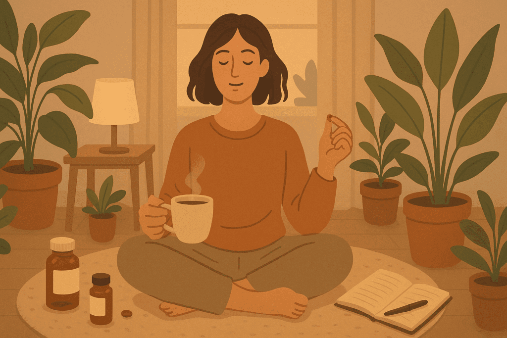Person meditating in a cozy home surrounded by plants, tea, journal, and supplements for adrenals as part of a holistic self-care routine.