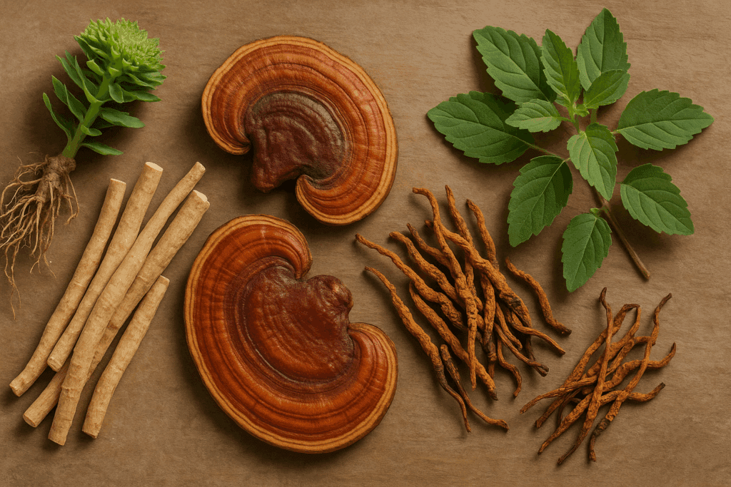 Botanical display of supplements for adrenals including Rhodiola rosea, ashwagandha, holy basil, reishi, and cordyceps on a rustic surface.