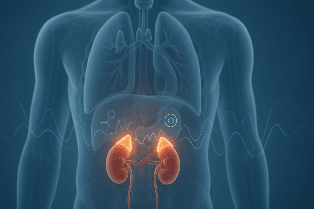 3D rendering of the human endocrine system highlighting adrenal glands with glowing energy to illustrate supplements for adrenals