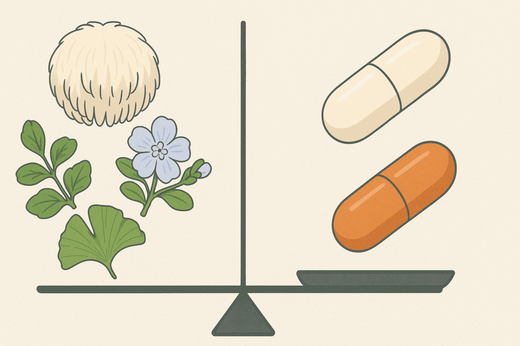 Balanced visual comparison of natural herbs and branded capsules representing supplements that help you study