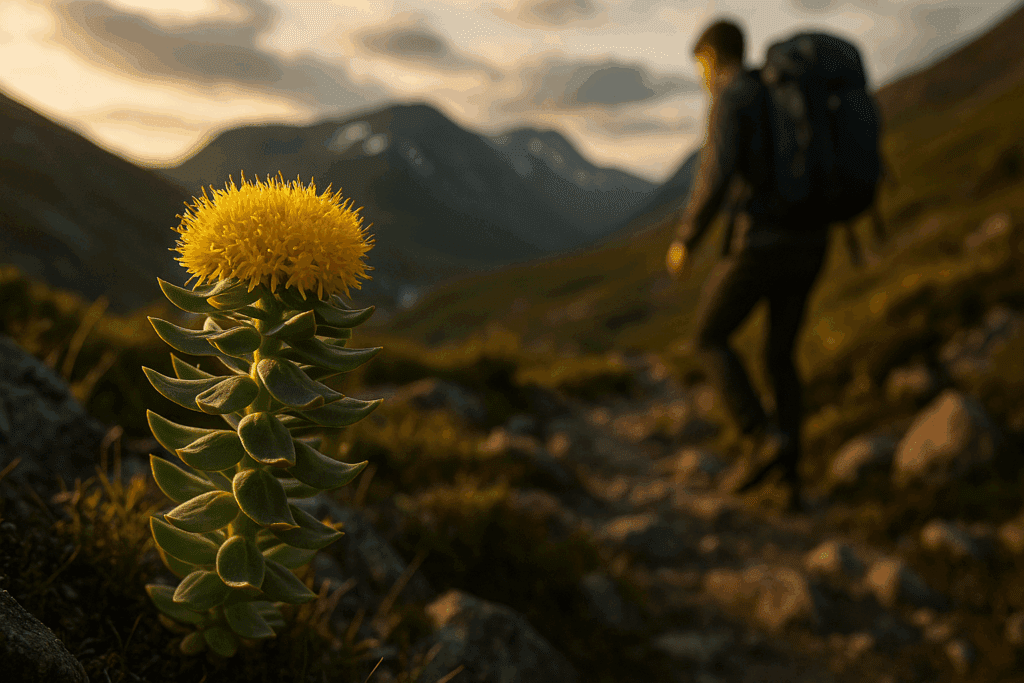 Golden Rhodiola rosea blooming in an arctic landscape with a student hiking in the background, symbolizing endurance and supplements that help you study