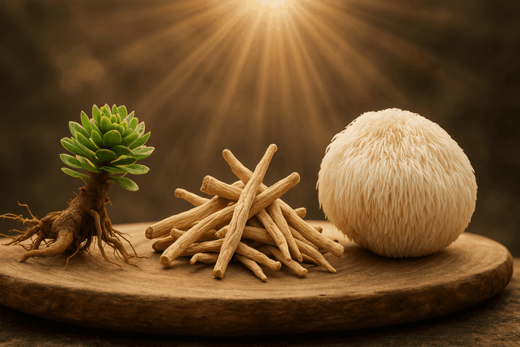 Rhodiola root, Ashwagandha root, and Lion’s Mane mushroom arranged on a wooden surface, symbolizing natural supplements that help you study