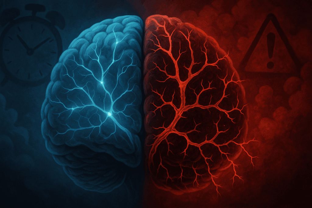 Conceptual brain illustration showing effects of stress versus calm, symbolizing how supplements that help you study support mental clarity.
