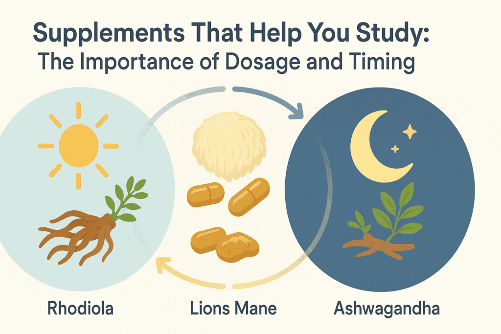 Infographic showing ideal daily timing for supplements that help you study, with sun and moon icons beside Rhodiola, Lion’s Mane, and Ashwagandha capsules.