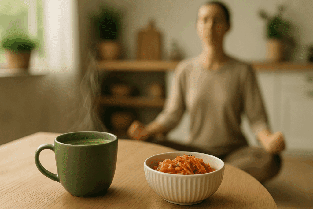 Steaming cup of matcha tea and kimchi bowl on a wooden table in a calm kitchen, promoting supplements that help you study naturally.