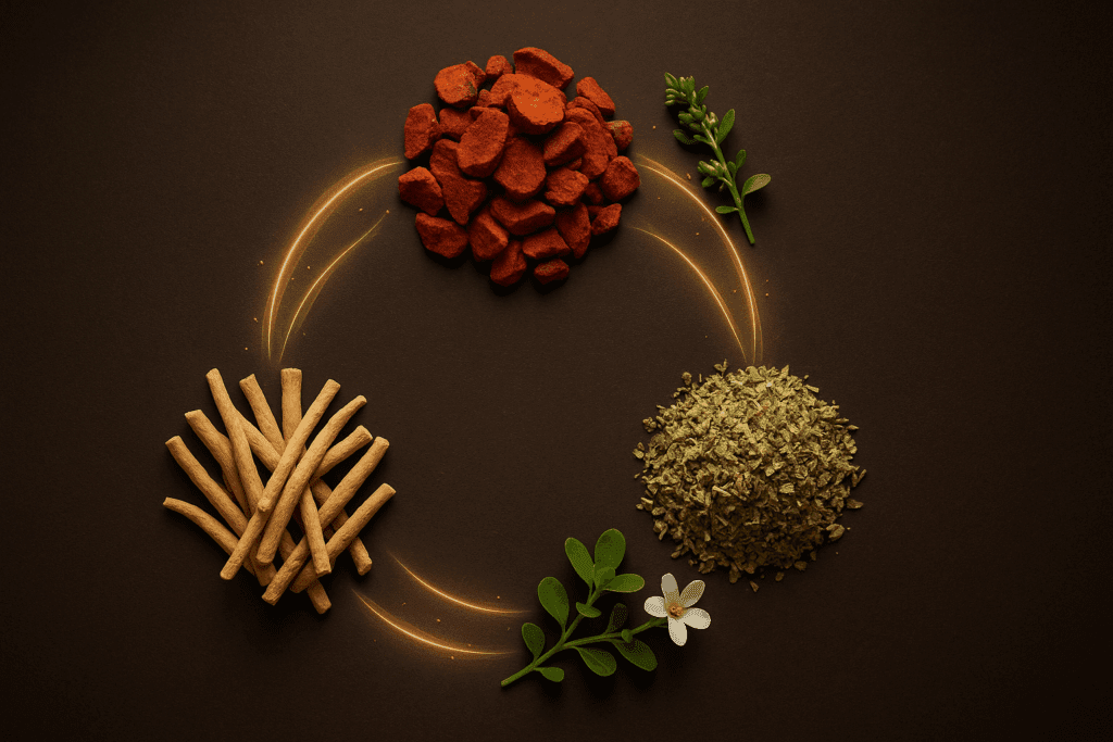 Visual diagram of natural supplements that help you study, featuring Ashwagandha roots, Rhodiola chunks, and Bacopa leaves connected by glowing synergy lines