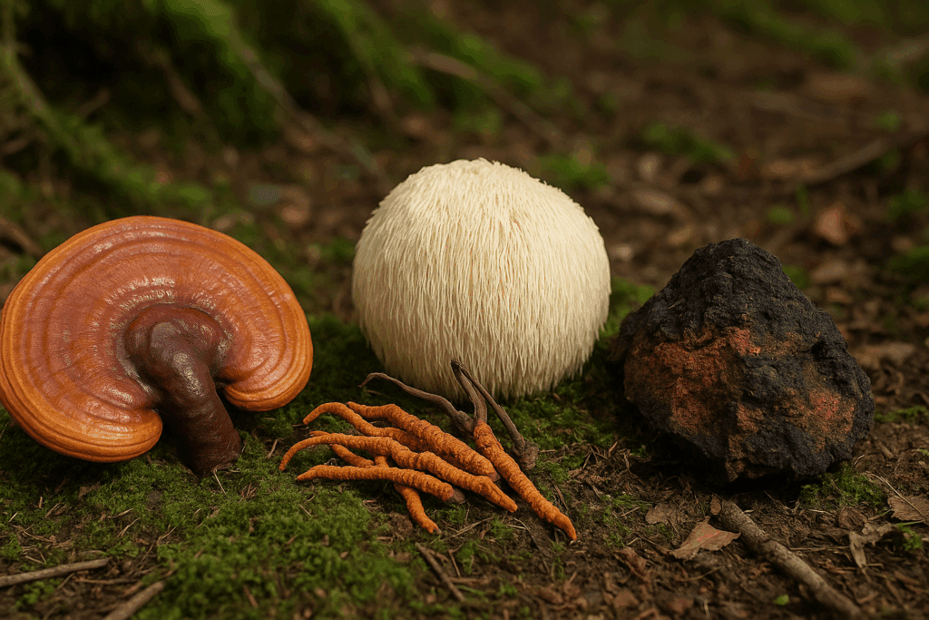 Close-up of reishi, lion's mane, cordyceps, and chaga mushrooms resting on moss in a forest, symbolizing nature’s energetic fruits for stress relief.