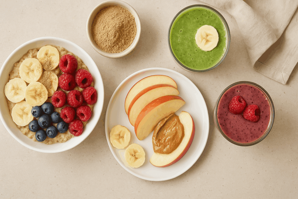 Overhead view of oatmeal with banana slices, berries, and mushroom powder, apple slices with almond butter, and smoothies made with mushrooms and energetic fruits on a kitchen countertop.