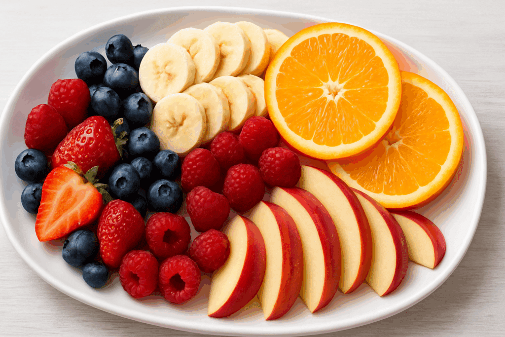 Colorful assortment of energetic fruits including sliced bananas, oranges, apples, and fresh berries neatly arranged on a white ceramic platter.