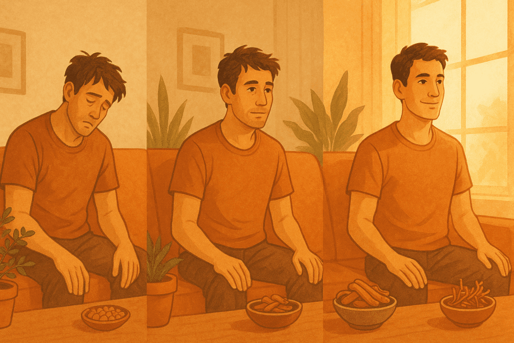 Tired man in warm-lit living room gradually regaining energy with stamina herbal remedies like ashwagandha and cordyceps nearby.