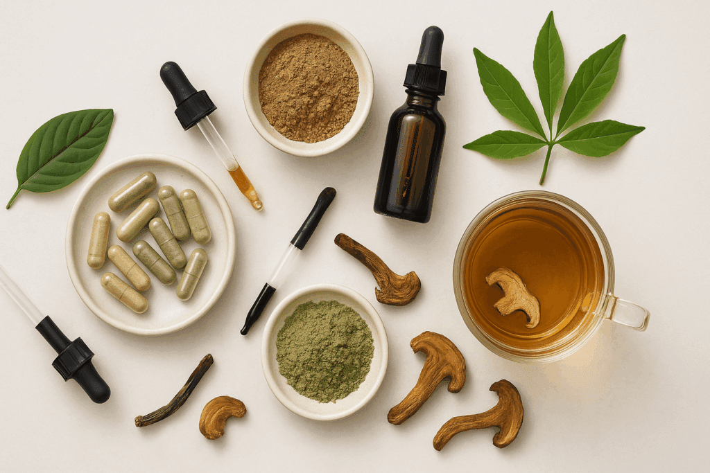 Assorted stamina herbal supplements including capsules, powders, tinctures, and tea with mushrooms and leaves on a light background.