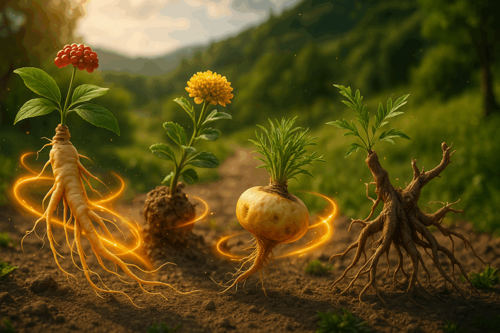 Panax ginseng, Rhodiola rosea, maca root, and eleuthero glowing with energy in a lush outdoor setting, symbolizing stamina herbal vitality.