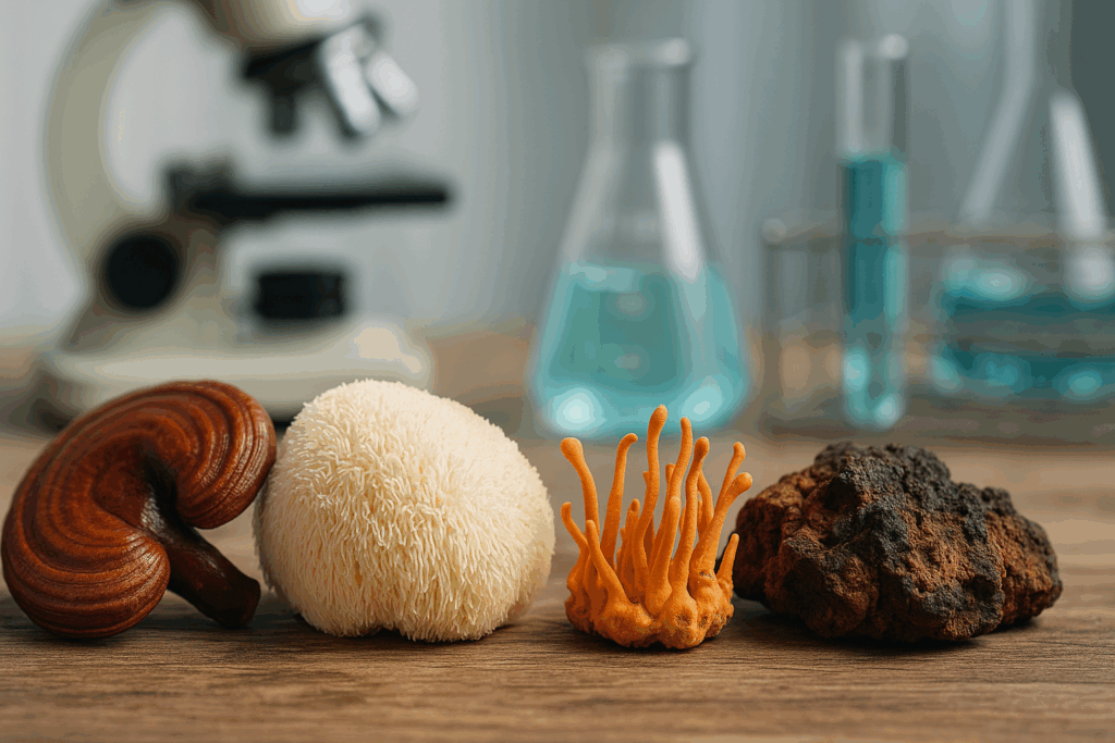 Reishi, lion’s mane, cordyceps, and chaga mushrooms on a wooden table with lab glassware in the background, used in stamina herbal supplements