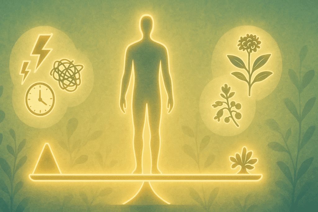 Human figure balancing stress symbols and stamina herbal icons like ashwagandha and Rhodiola on a glowing scale in a serene setting