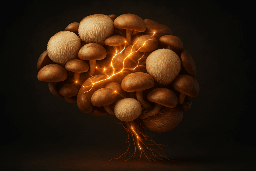 Conceptual brain made of glowing mushroom caps and lion’s mane, symbolizing cognitive support and answering is dried mushrooms good for health.