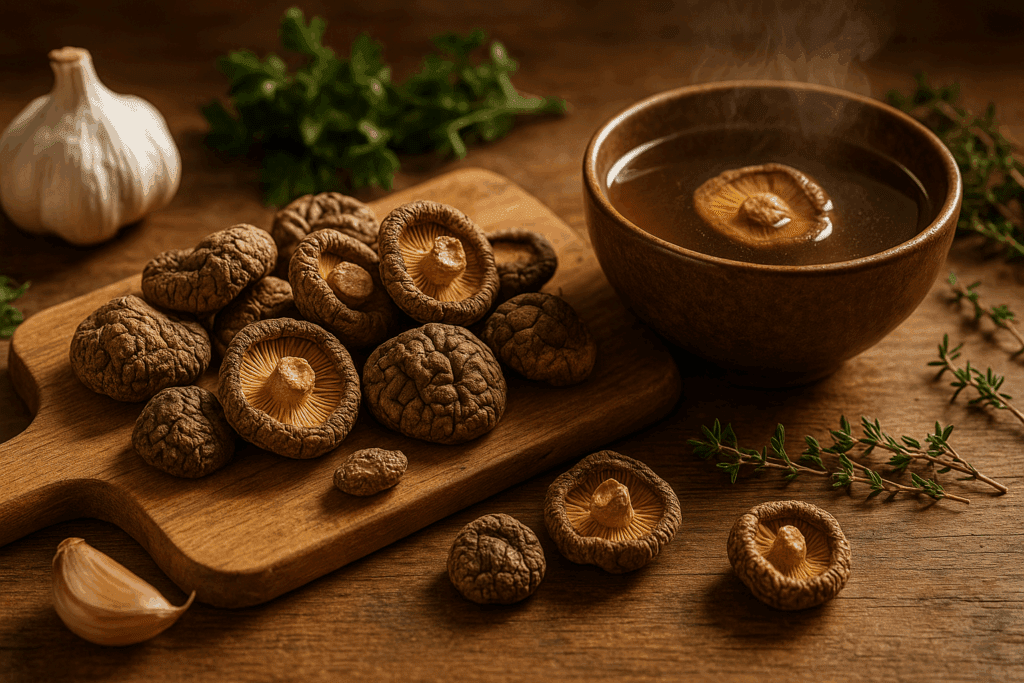Rustic kitchen scene with dried shiitake mushrooms, garlic, and herbs beside a steaming bowl of broth, illustrating is dried mushrooms good for health.