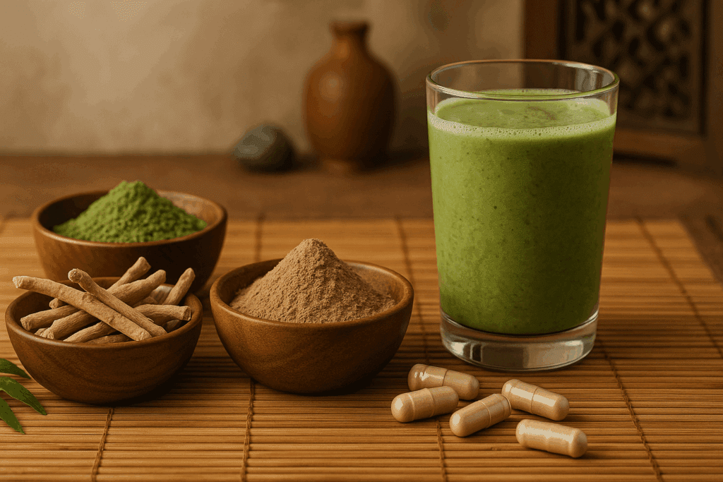 Wooden bowls with Ayurvedic herbs and dried shakti mushroom powder beside capsules and a smoothie, symbolizing wellness and answering is dried mushrooms good for health.