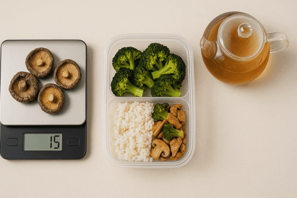 Dried shiitake mushrooms weighed on a digital scale next to a healthy meal prep and herbal tea, showing is dried mushrooms good for health in daily use.