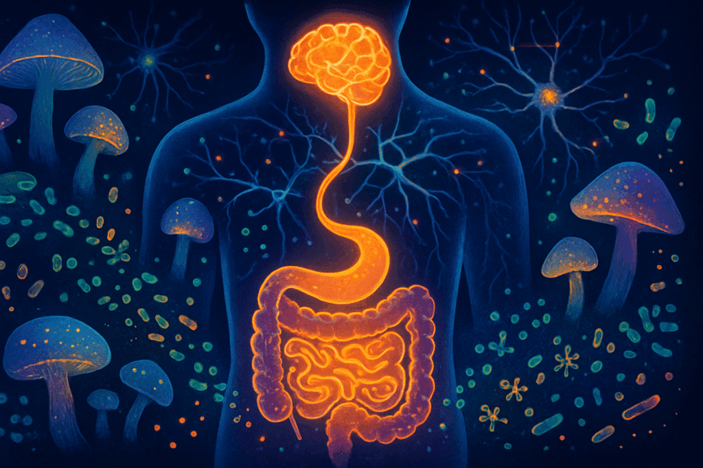 Artistic visualization of the gut-brain axis showing how dried mushrooms support microbiome and neural health, answering is dried mushrooms good for health.