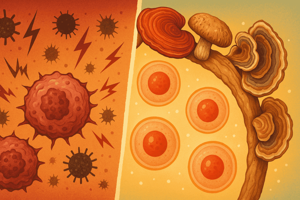 Split-screen illustration showing damaged cells under attack on one side and vibrant cells protected by reishi, shiitake, and turkey tail mushrooms on the other, symbolizing the question is dried mushrooms good for health.