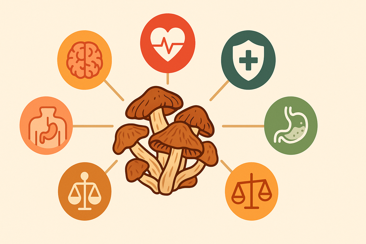 Flat-style infographic illustrating is dried mushrooms good for health with icons for brain, heart, immunity, digestion, metabolism, and hormone benefits radiating from a dried mushroom cluster